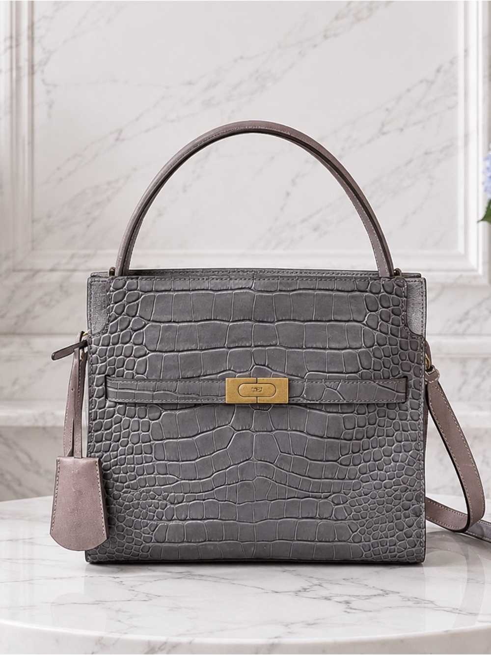 NWT Tory Burch Lee Radziwill Croc-Embossed Leather 2 Way Bag in Mineral Gray - Picture 3 of 16